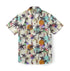 Colorful tropical print shirt with palm trees and pineapples.