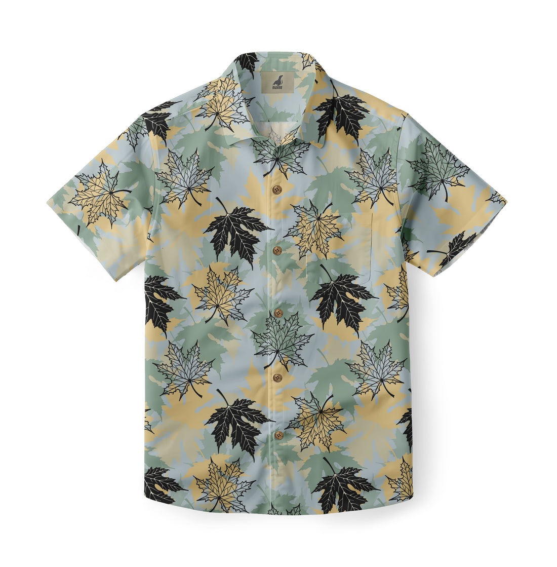 Short-sleeve shirt with black, yellow, and green leaf pattern.