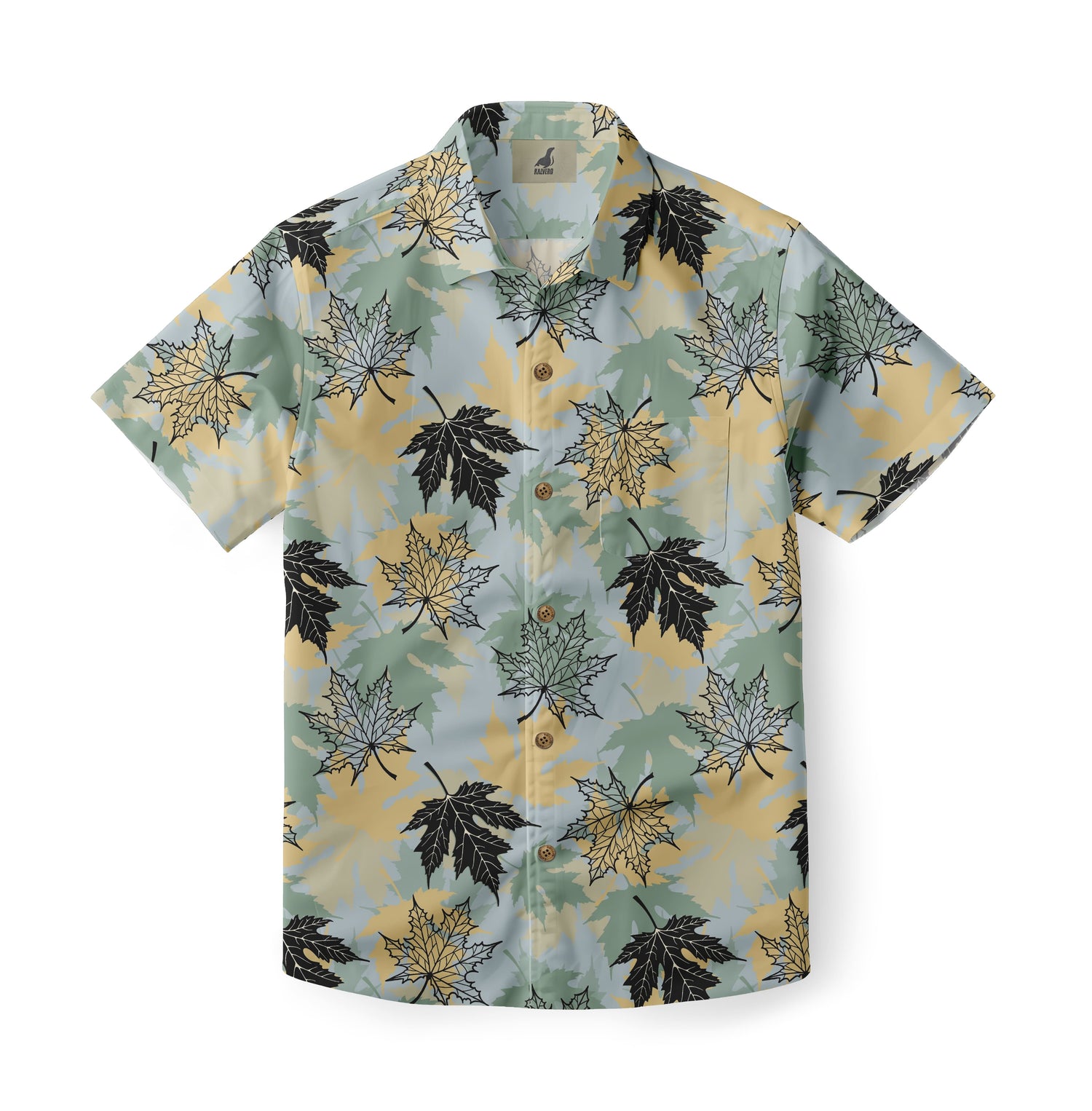 Short-sleeve shirt with black, yellow, and green leaf pattern.