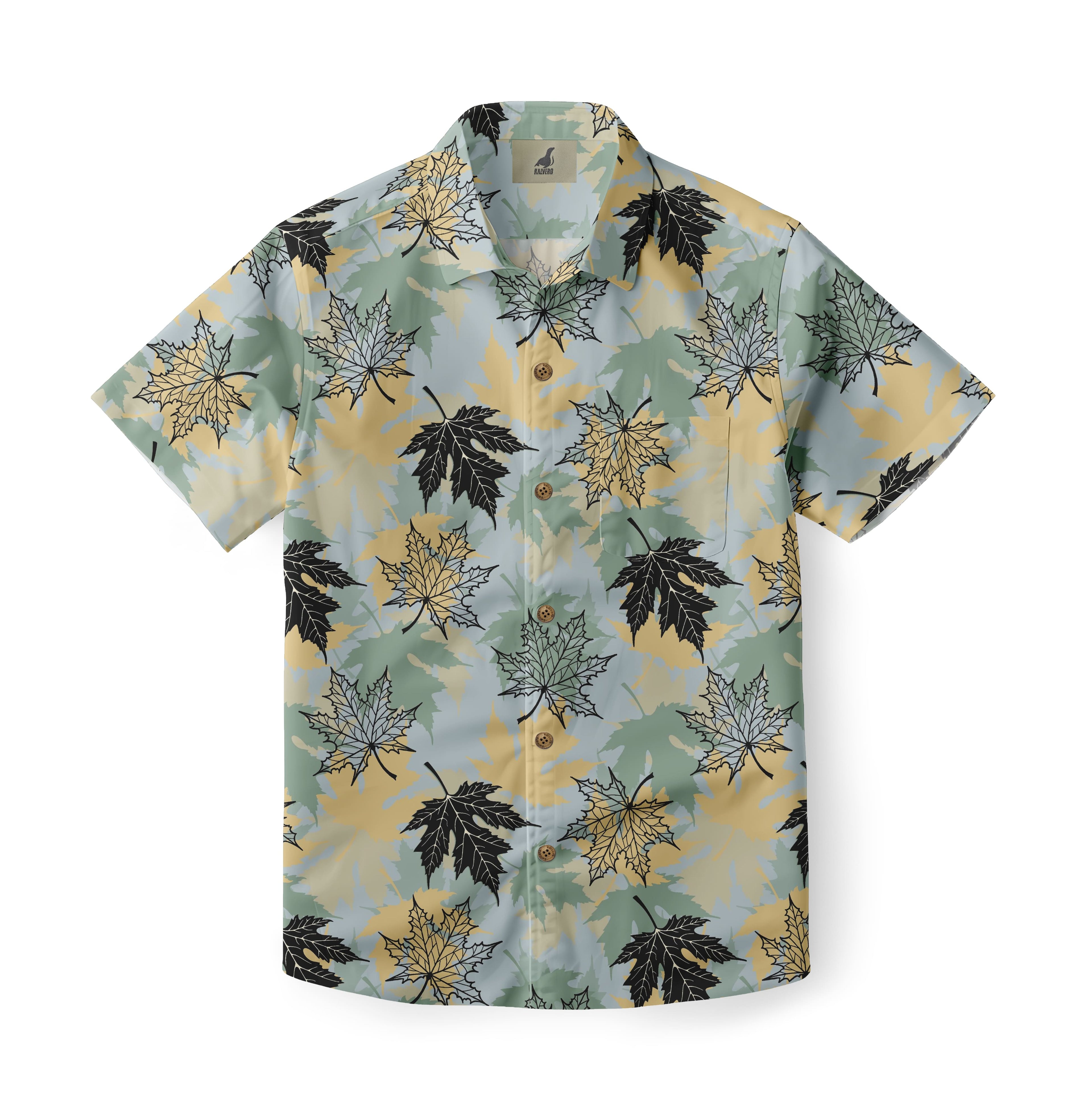 Short-sleeve shirt with black, yellow, and green leaf pattern.