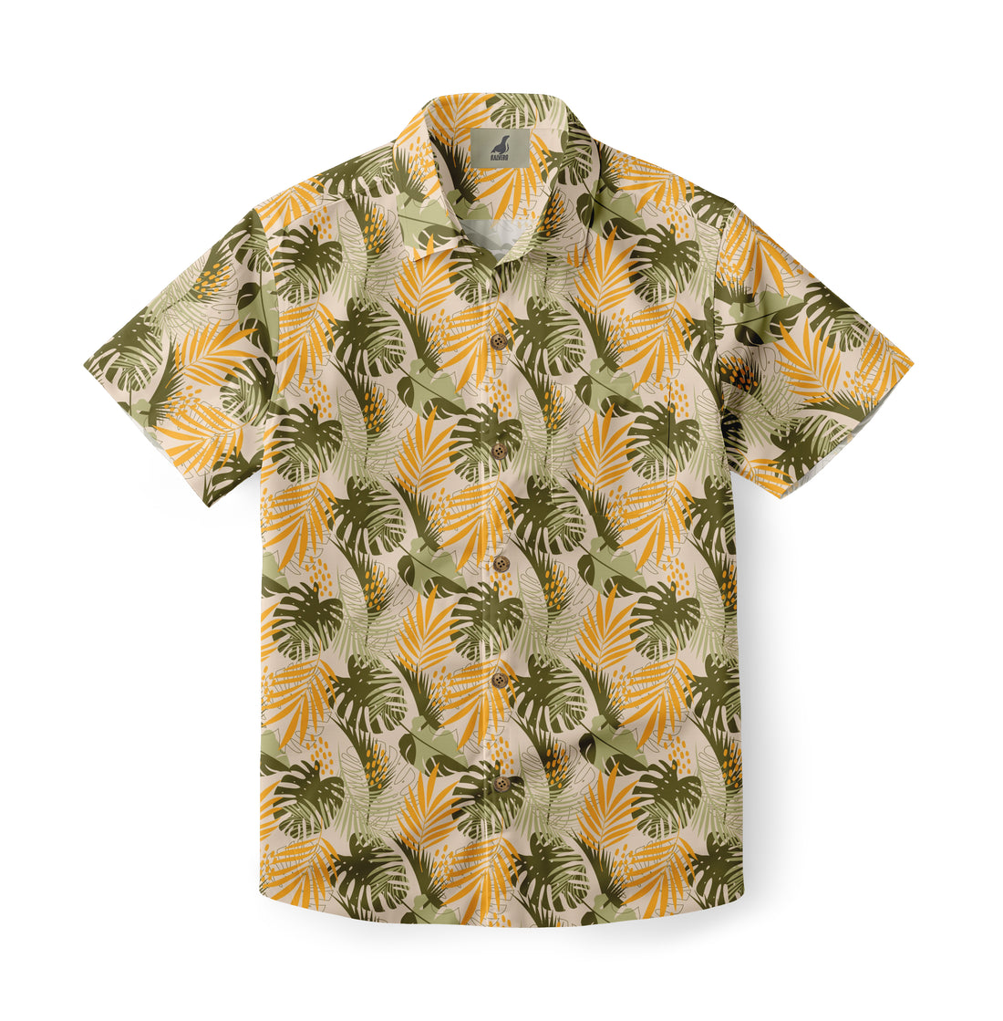 Beige shirt with green and yellow tropical leaf pattern.