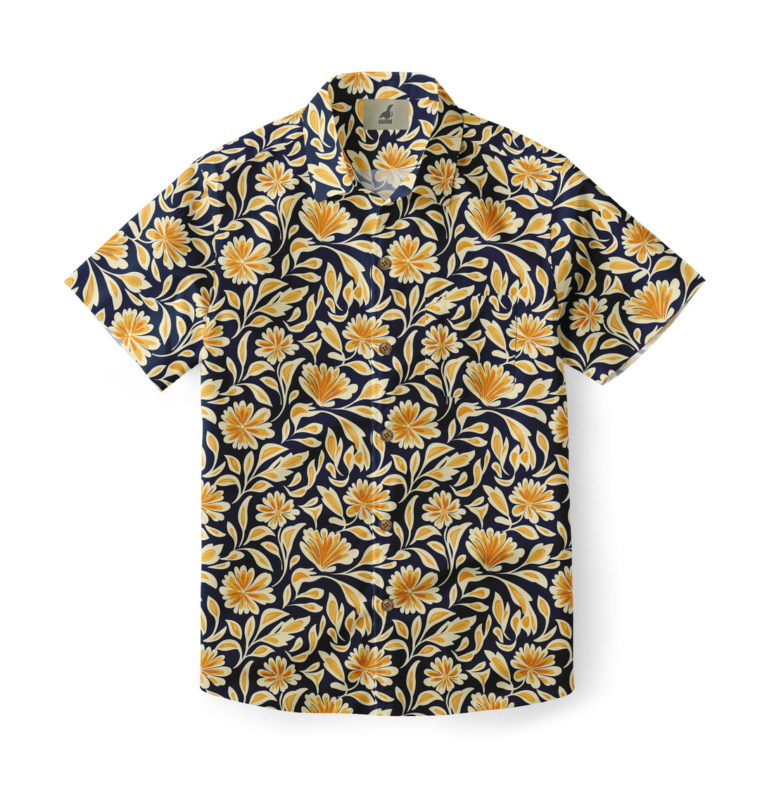 Navy blue shirt with yellow floral pattern.