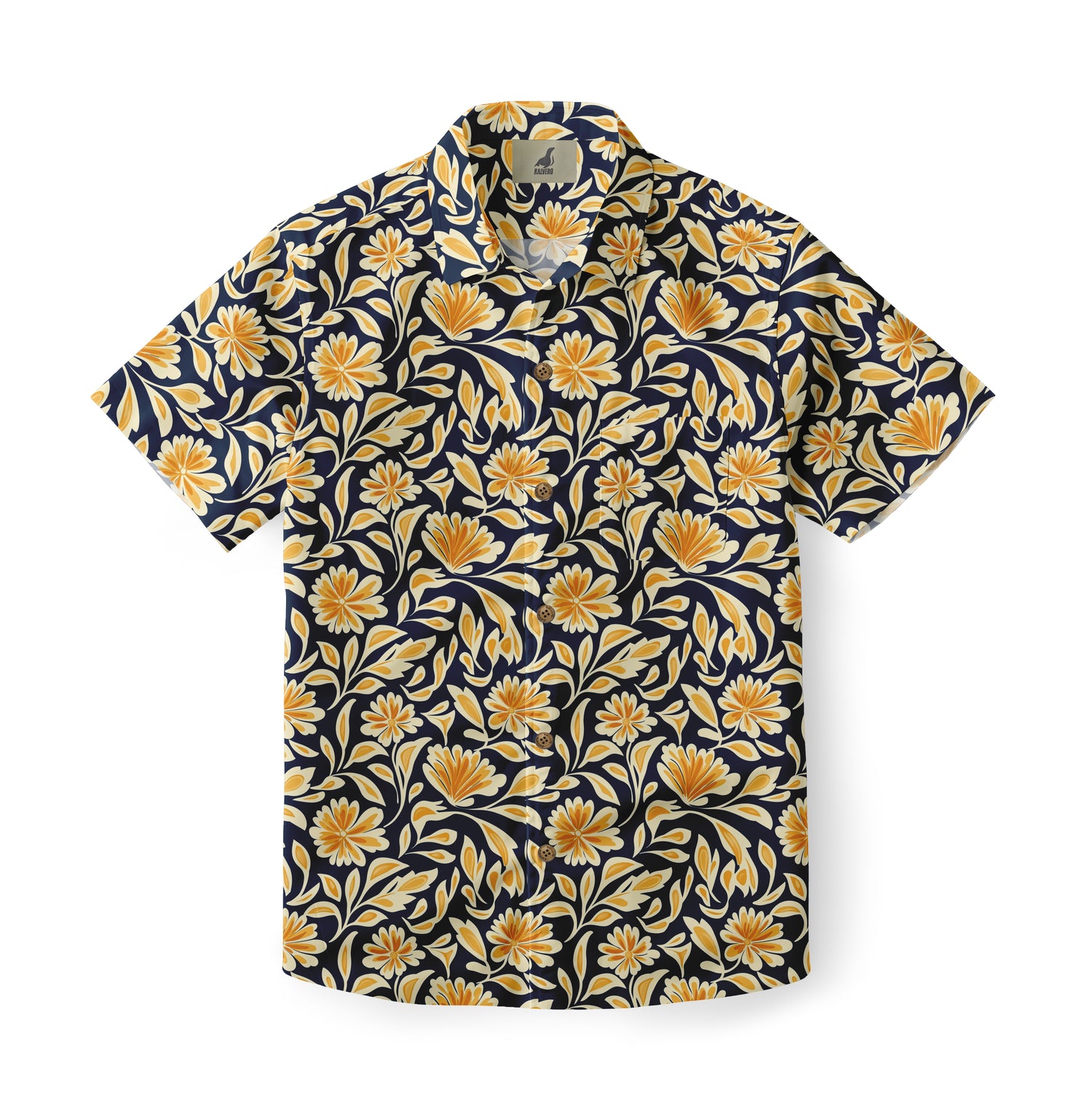 Navy blue shirt with yellow floral pattern.
