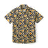 Navy blue shirt with yellow floral pattern.