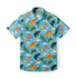 Blue shirt with tropical flowers, leaves, and beach balls.