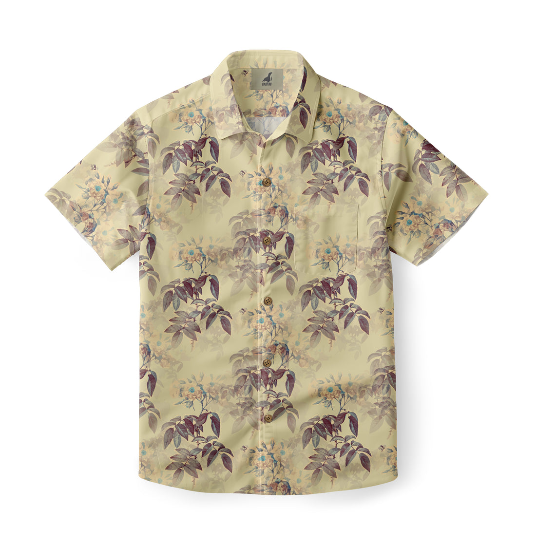 Beige short-sleeve shirt with floral pattern and buttons.
