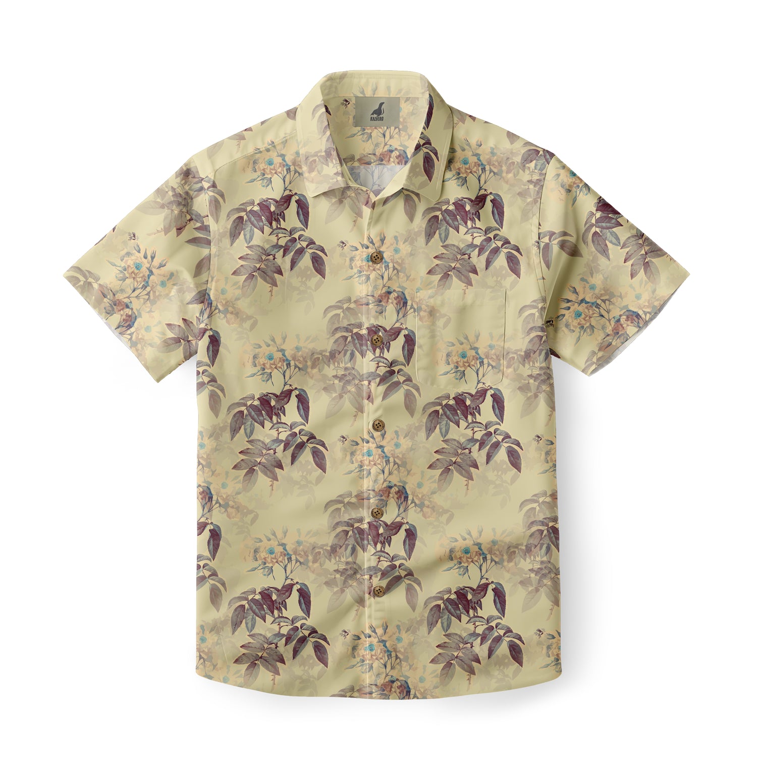 Beige short-sleeve shirt with floral pattern and buttons.