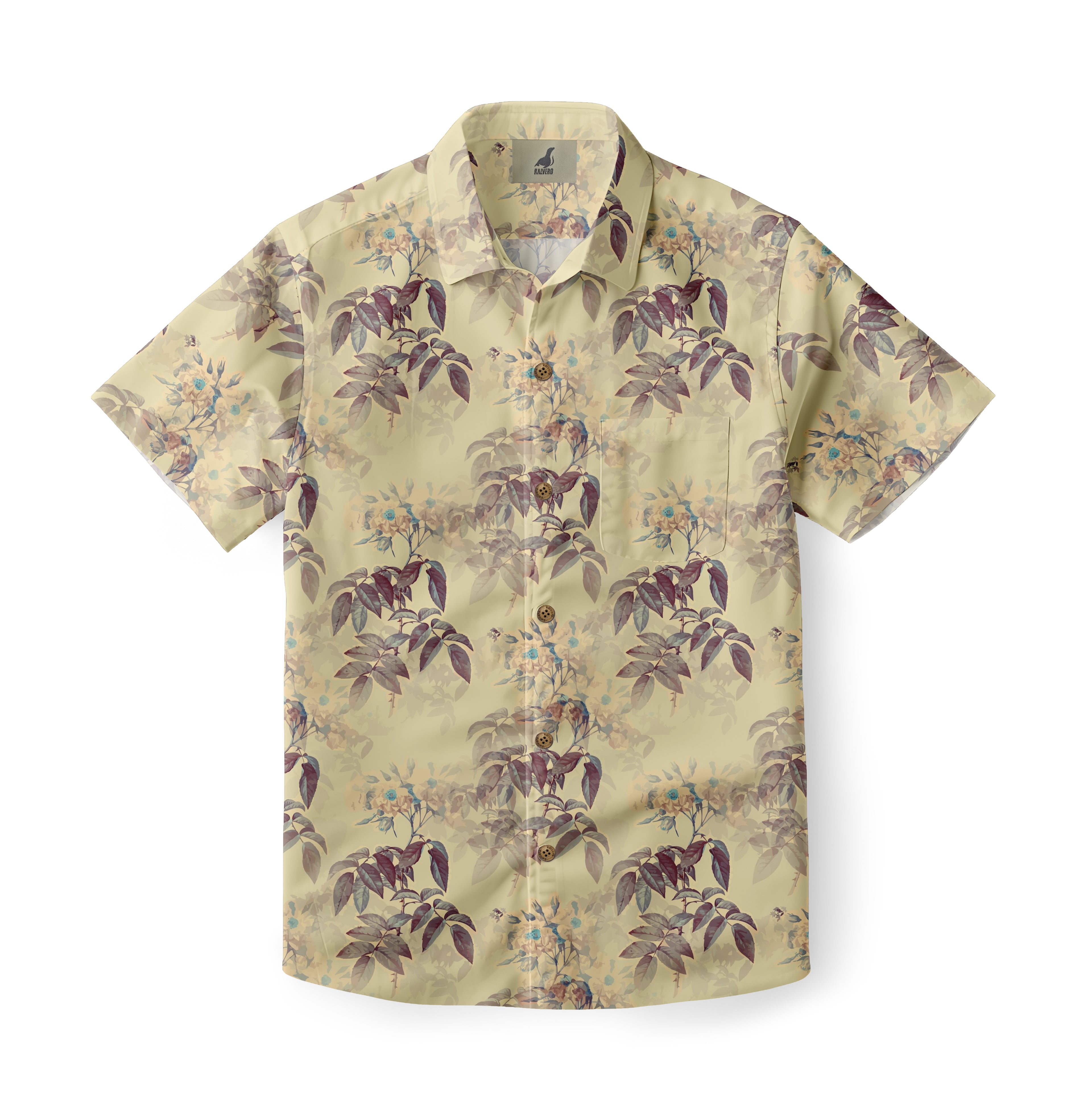 Beige short-sleeve shirt with floral pattern and buttons.
