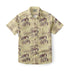 Beige short-sleeve shirt with floral pattern and buttons.