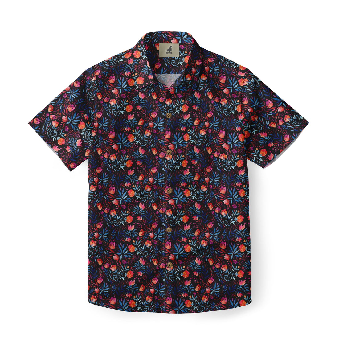 Dark floral short-sleeve shirt with vibrant red and blue patterns.