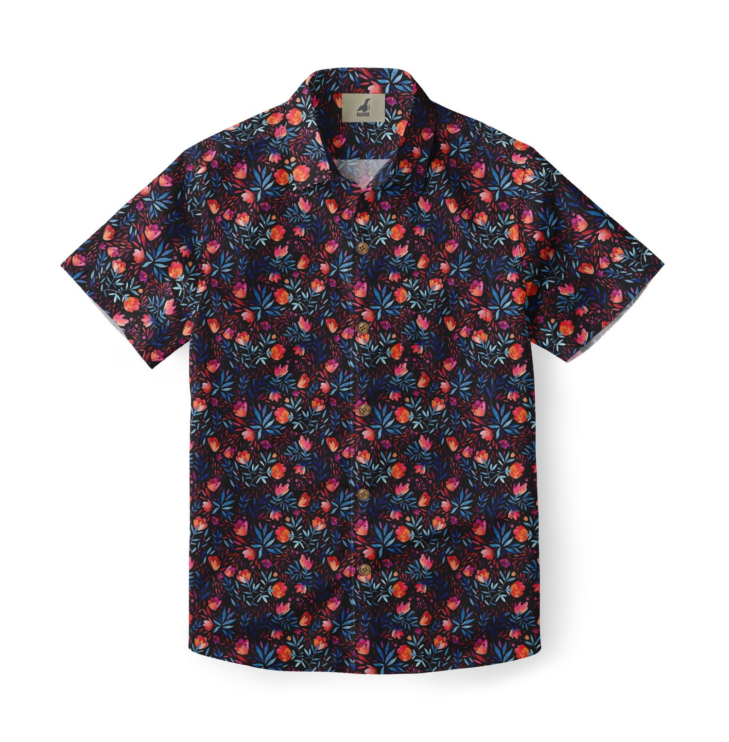 Dark floral short-sleeve shirt with vibrant red and blue patterns.