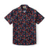 Dark floral short-sleeve shirt with vibrant red and blue patterns.