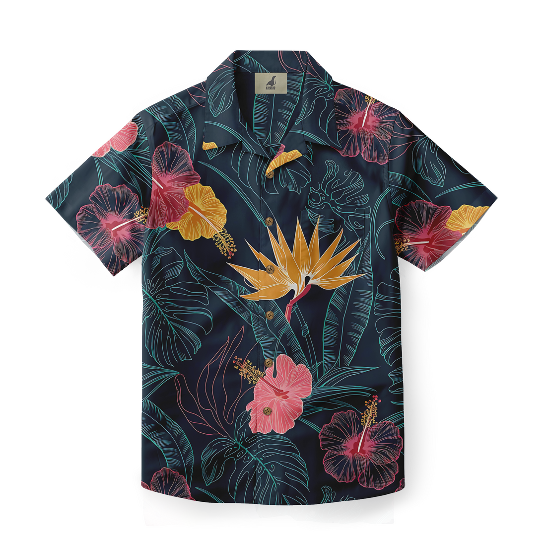 Dark blue shirt with pink, yellow flowers and green leaves.