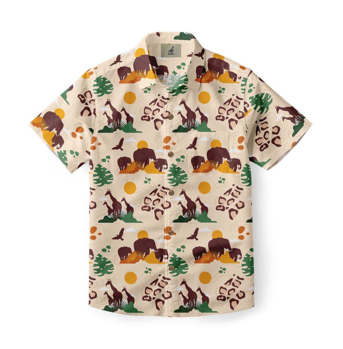 Beige shirt with safari animals and leaves print.