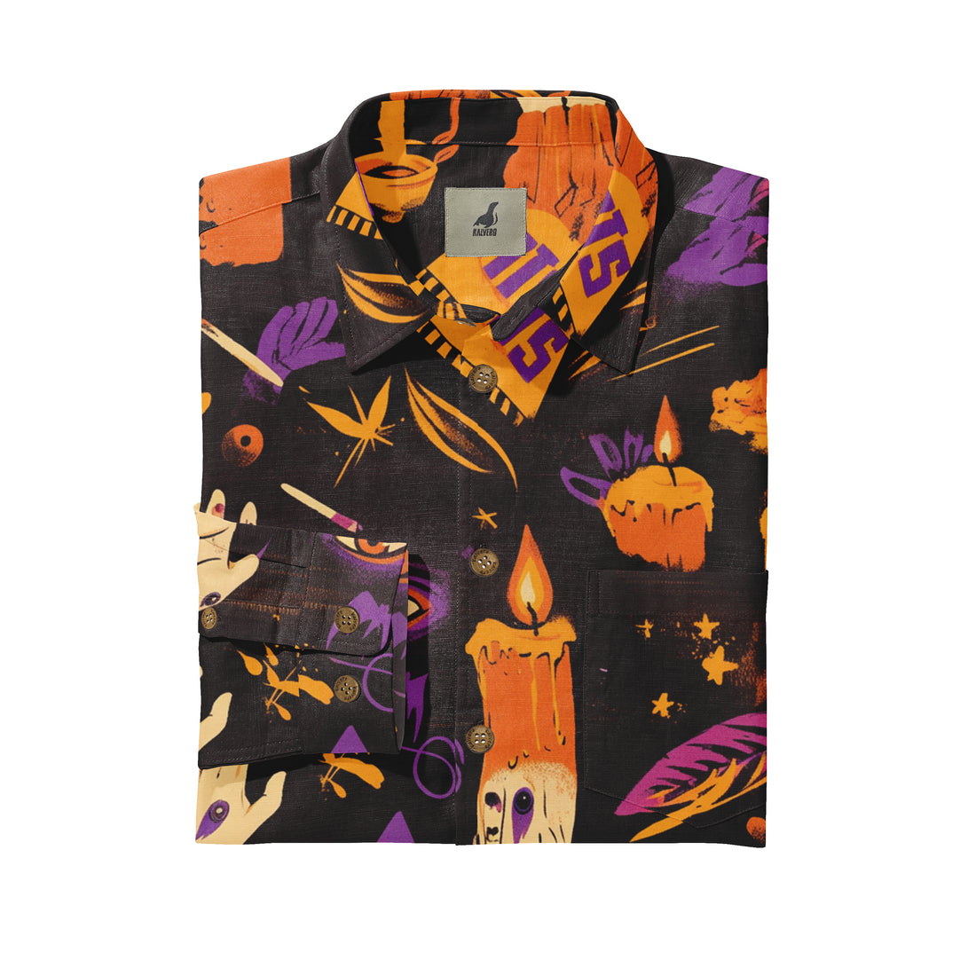 Black shirt with orange, purple candles, hands, and stars pattern.