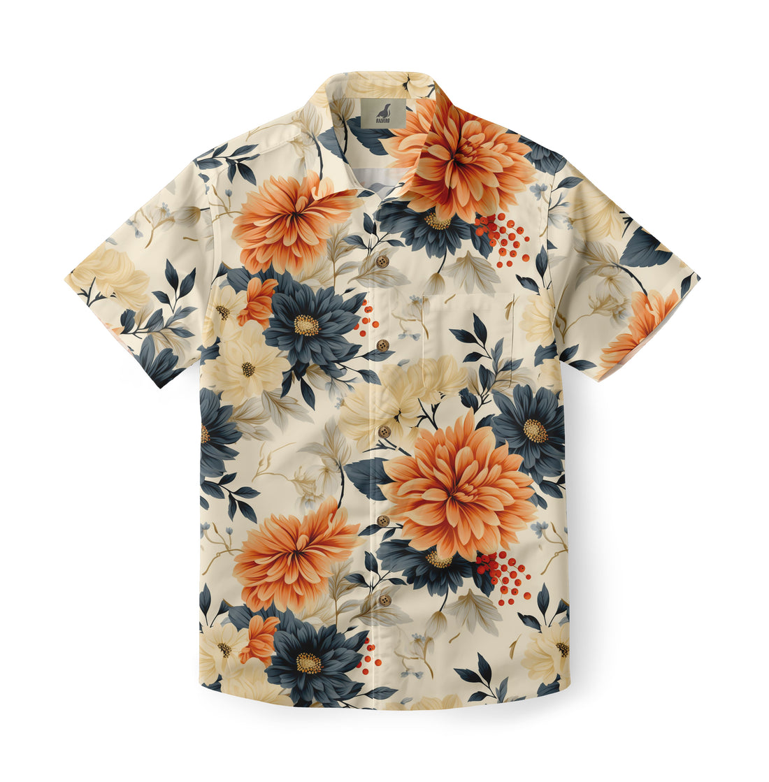 Cream shirt with orange, blue flowers and green leaves.