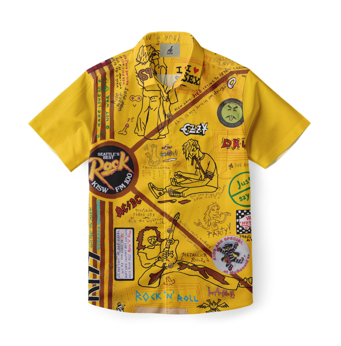 Yellow shirt with rock music art and text.