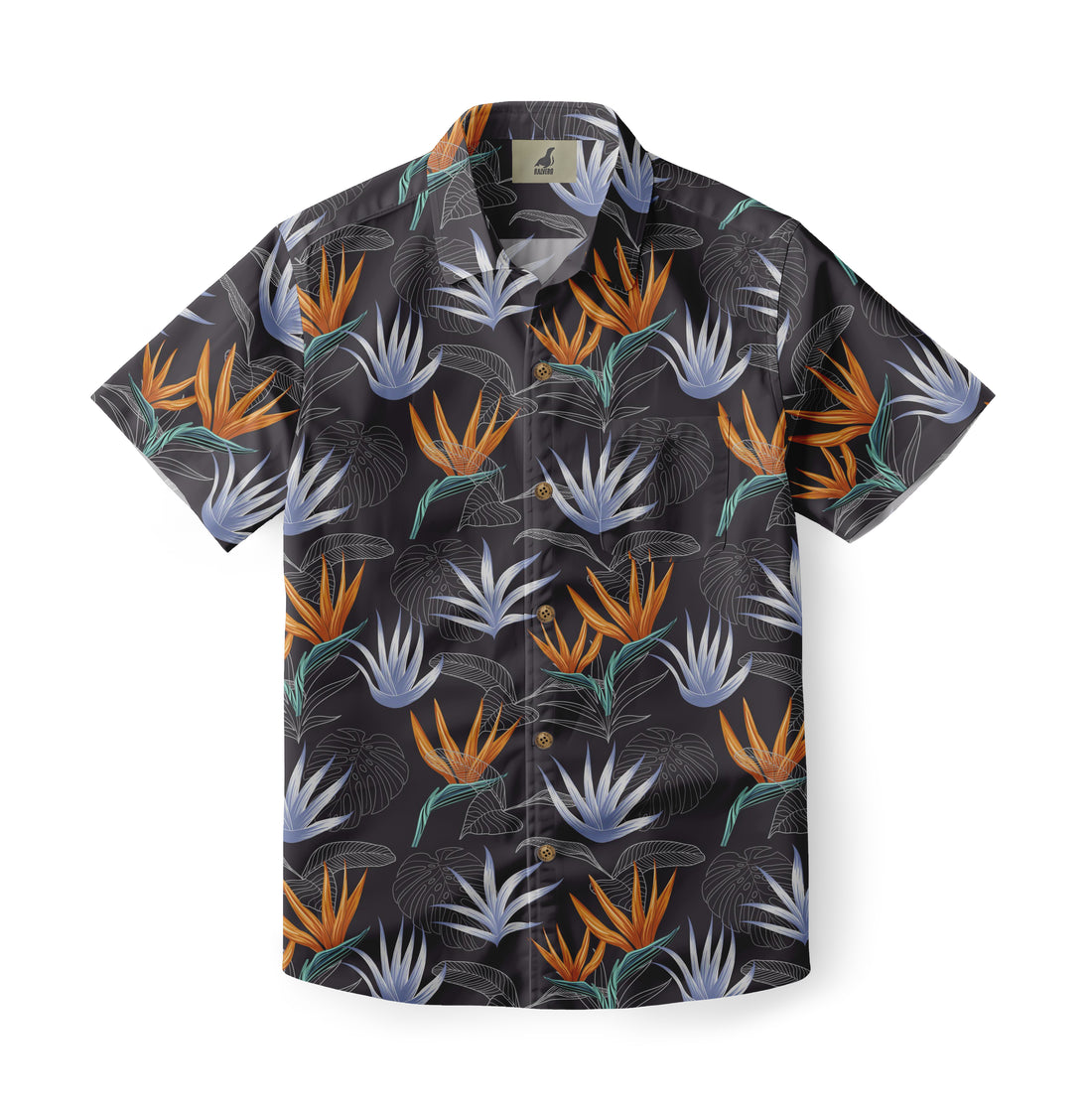 Black shirt with orange and blue floral pattern.