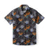 Black shirt with orange and blue floral pattern.
