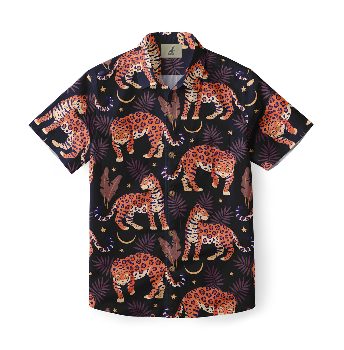 Black shirt with orange leopards, purple leaves, and gold buttons.