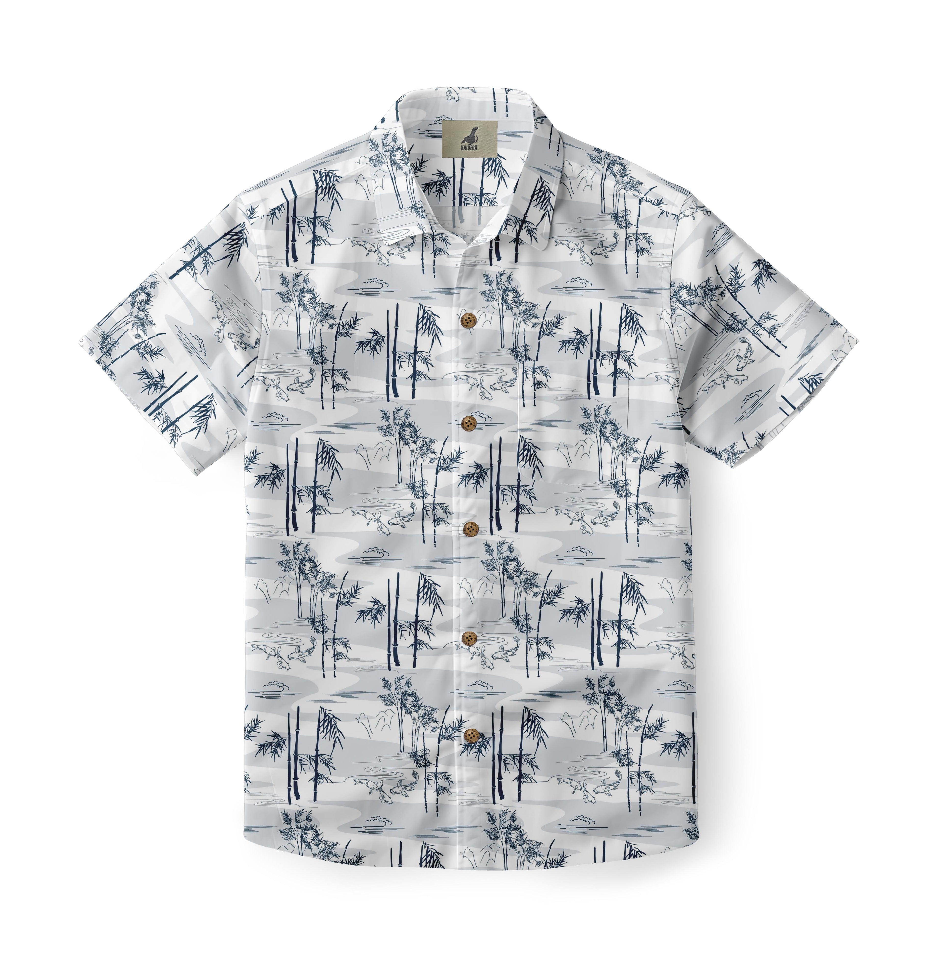 White shirt with blue bamboo print, four buttons.