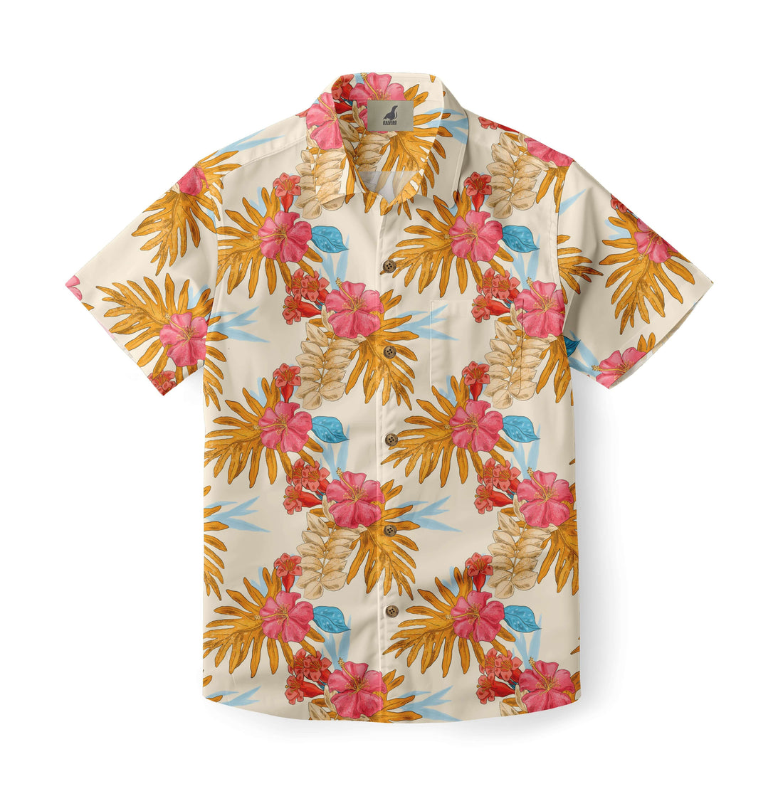 Beige shirt with pink flowers and yellow leaves pattern.