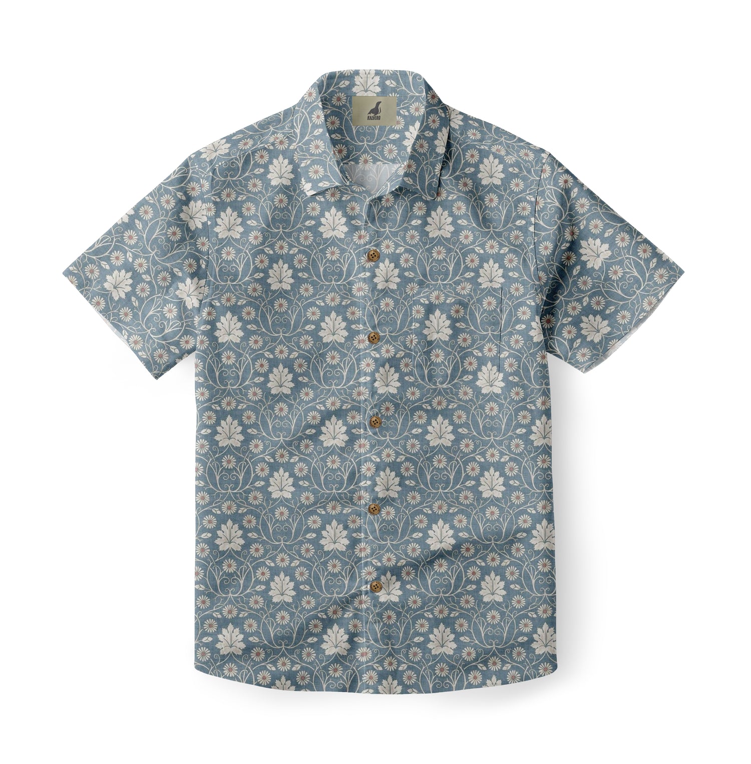 Blue short-sleeve shirt with white floral pattern and buttons.