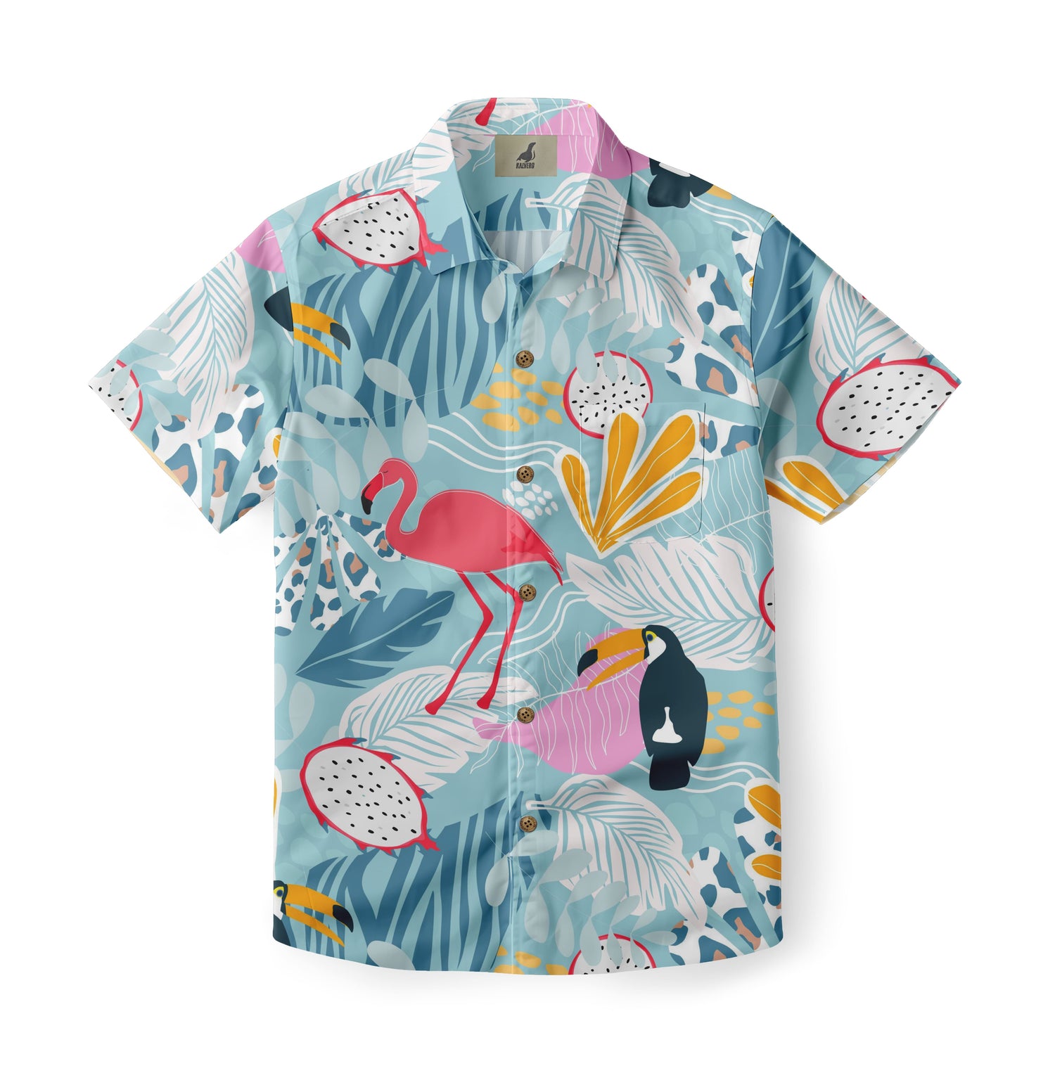 Colorful tropical shirt with flamingo, toucan, and dragon fruit.