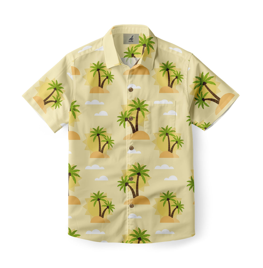 Yellow shirt with palm trees and suns pattern.