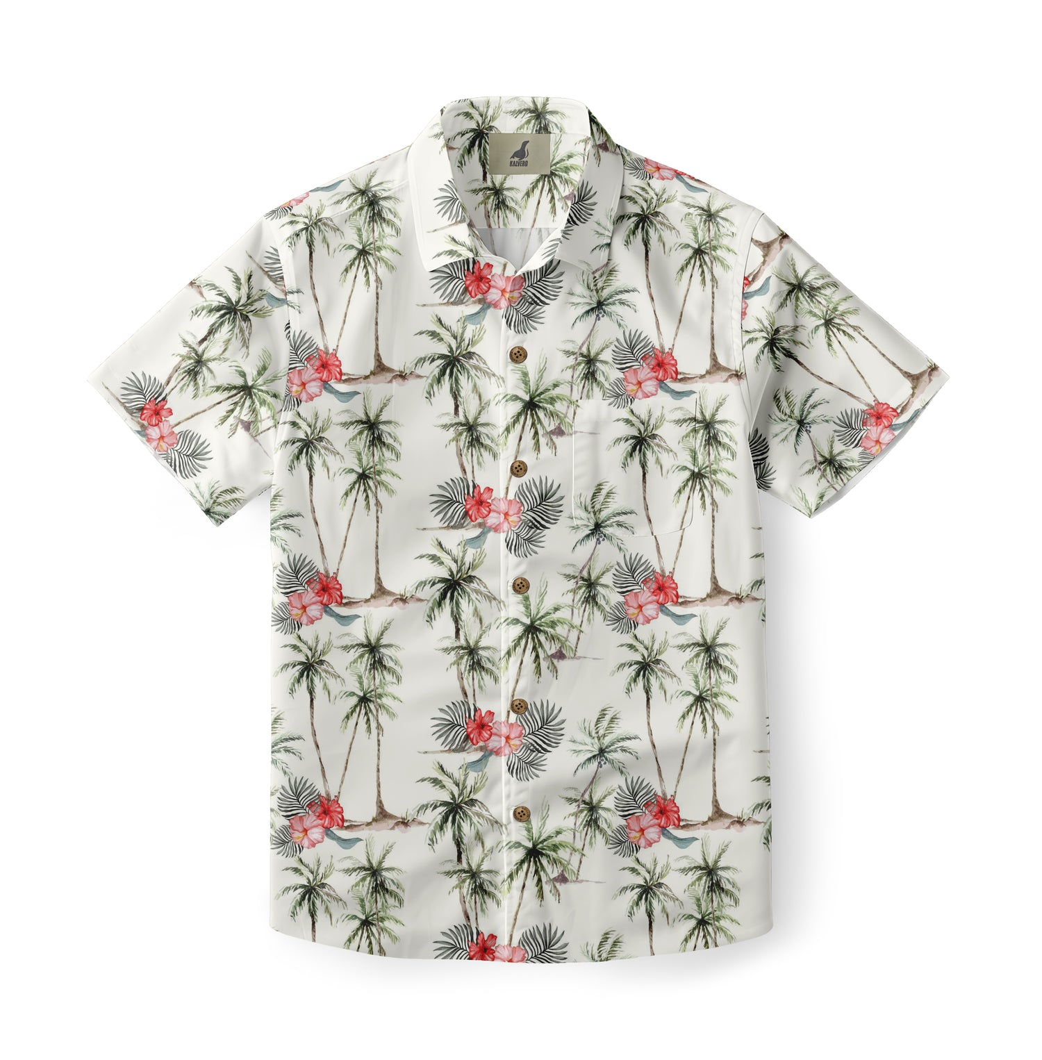 White shirt with palm trees and pink flowers pattern.