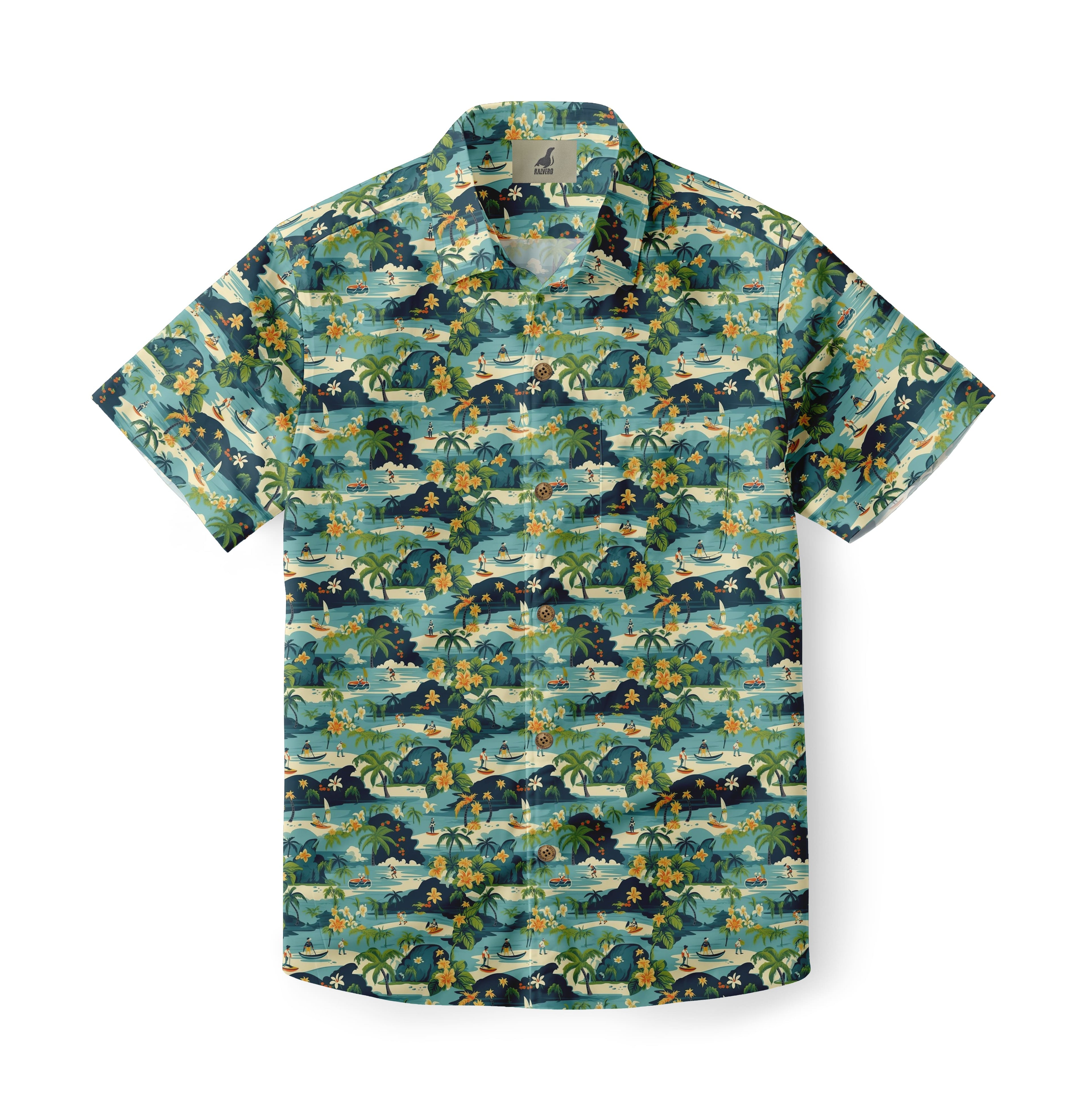 Hawaiian shirt with tropical pattern on a white background