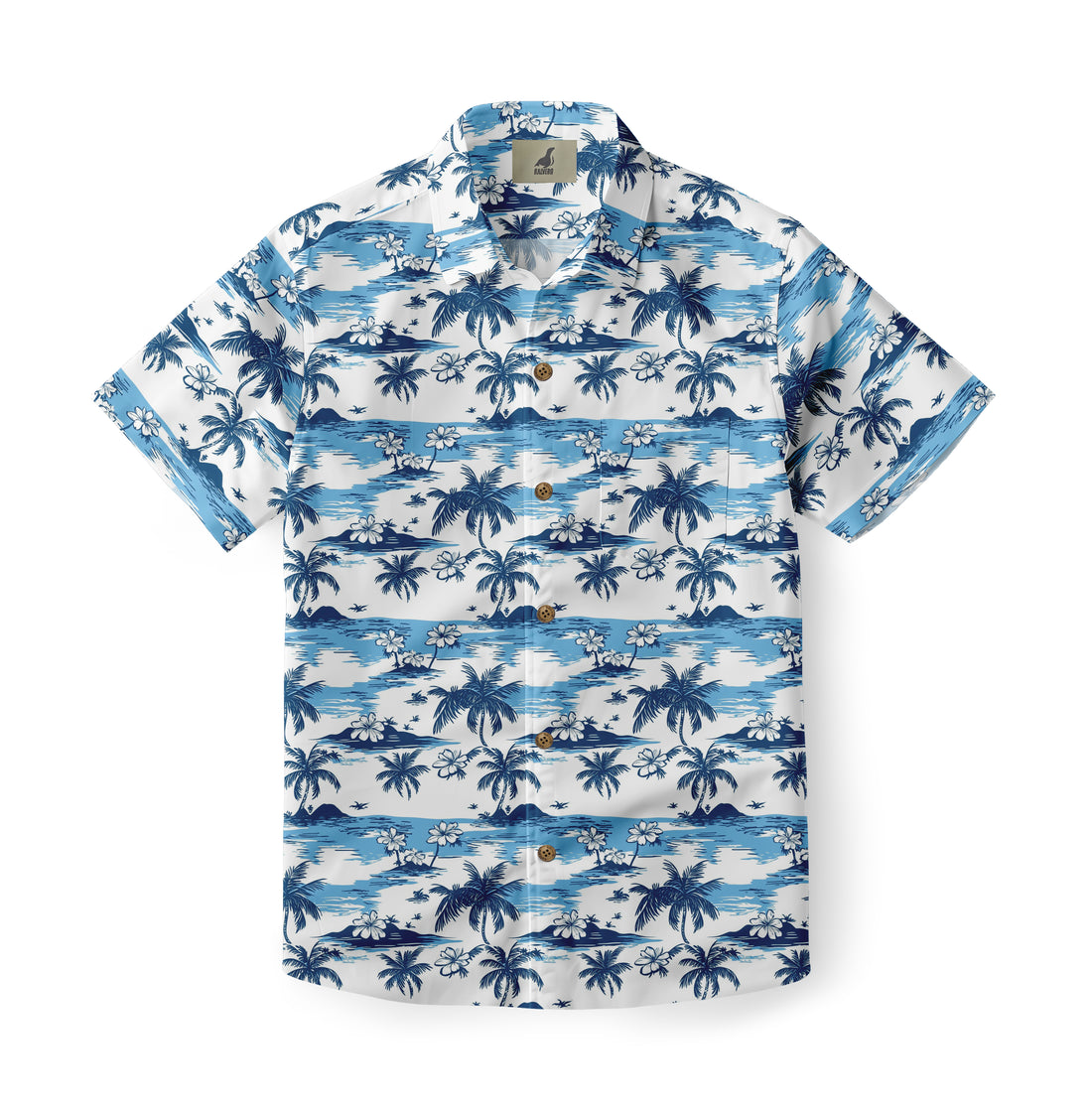 Blue and white Hawaiian shirt with palm trees and flowers.