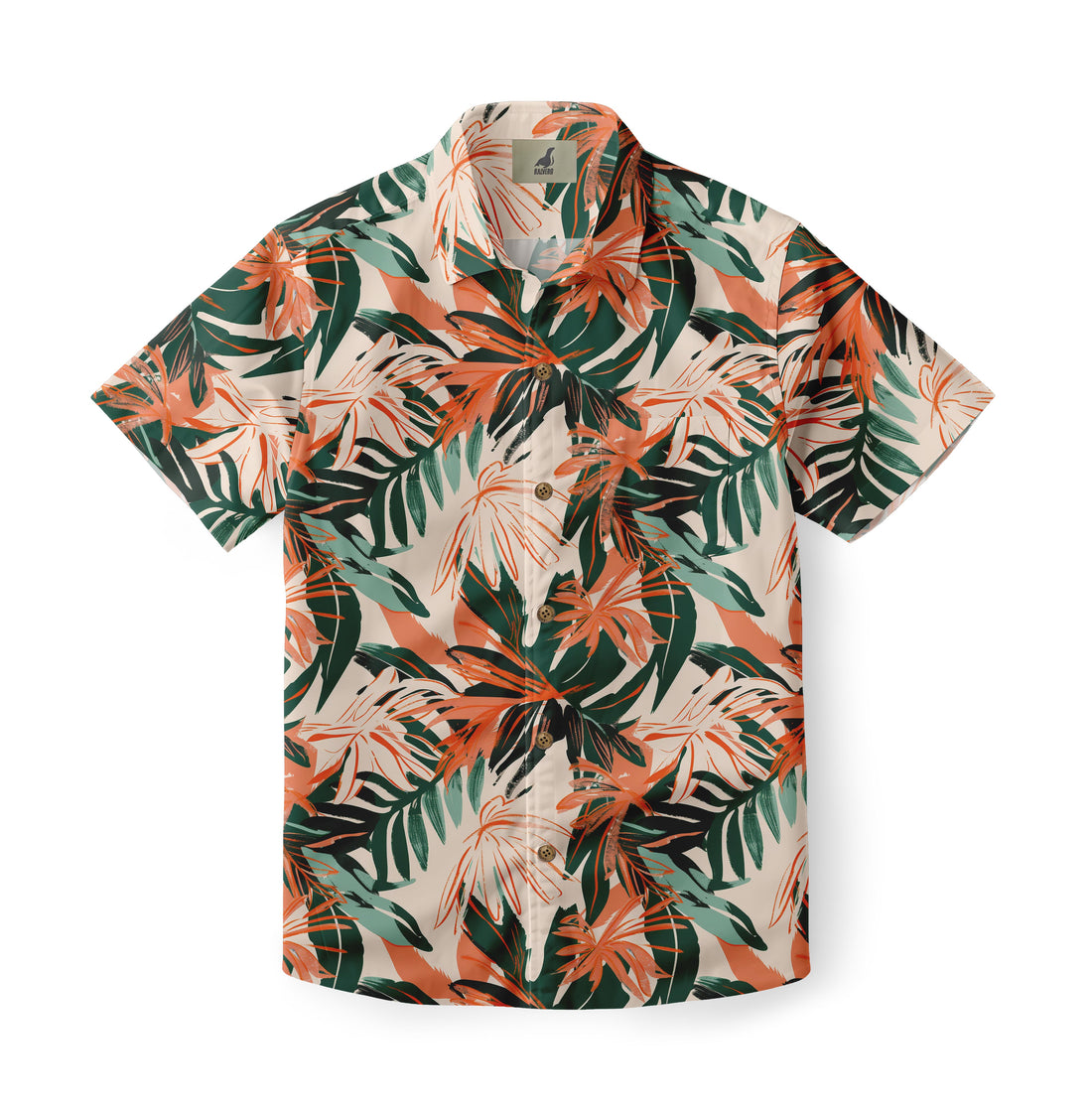Beige shirt with orange and green tropical leaf pattern.