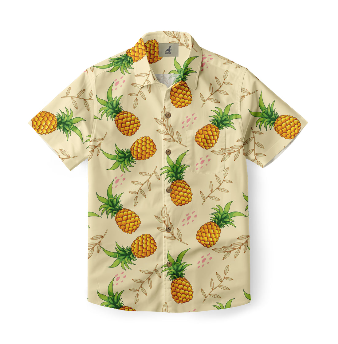 Beige shirt with pineapple and leaf patterns.