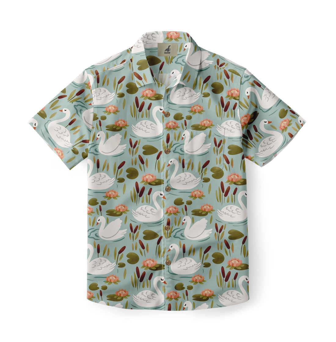 Light blue shirt with white swans, pink flowers, and green leaves.