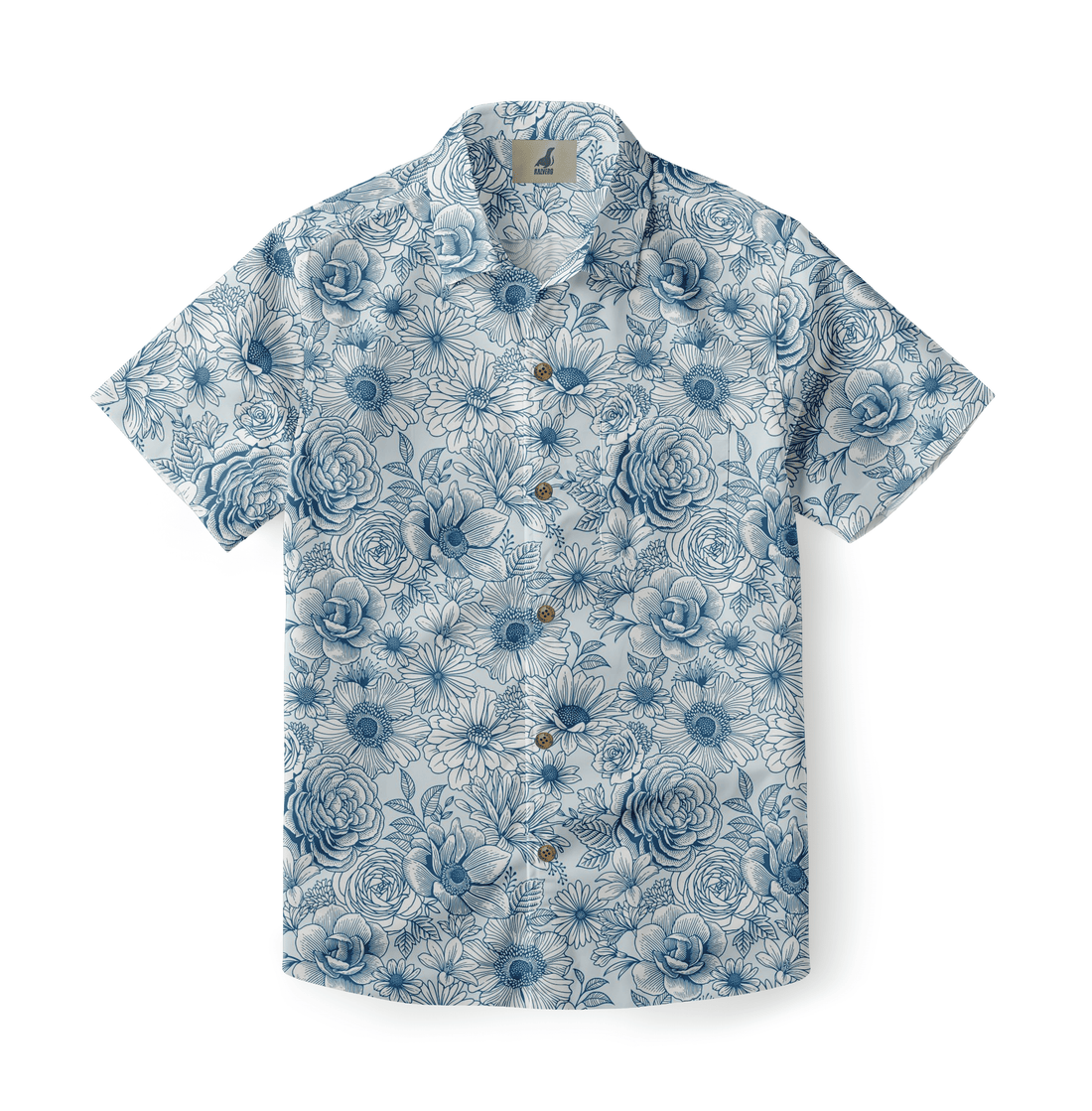 Blue floral print short-sleeve button-up shirt.