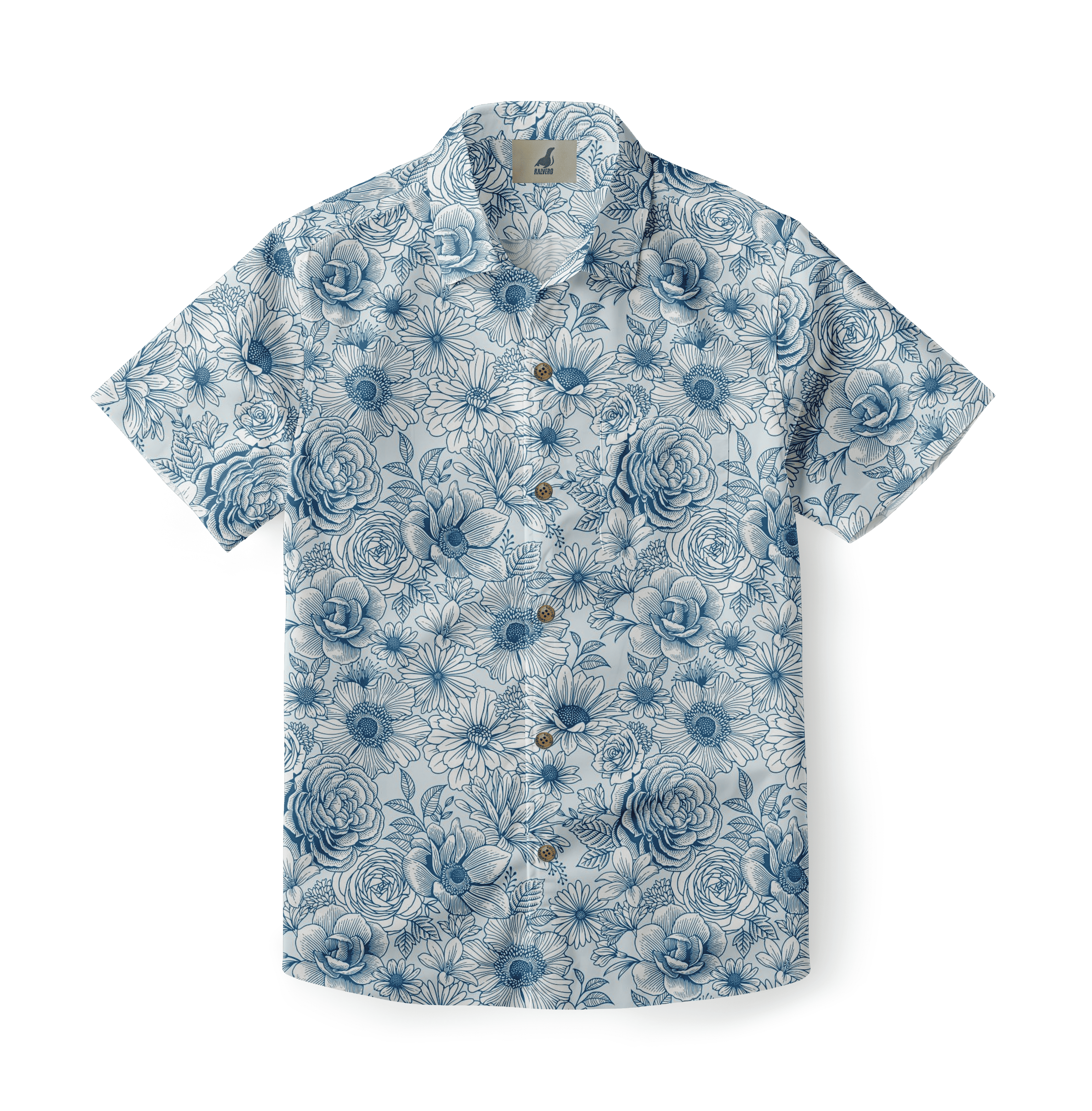 Blue floral print short-sleeve button-up shirt.