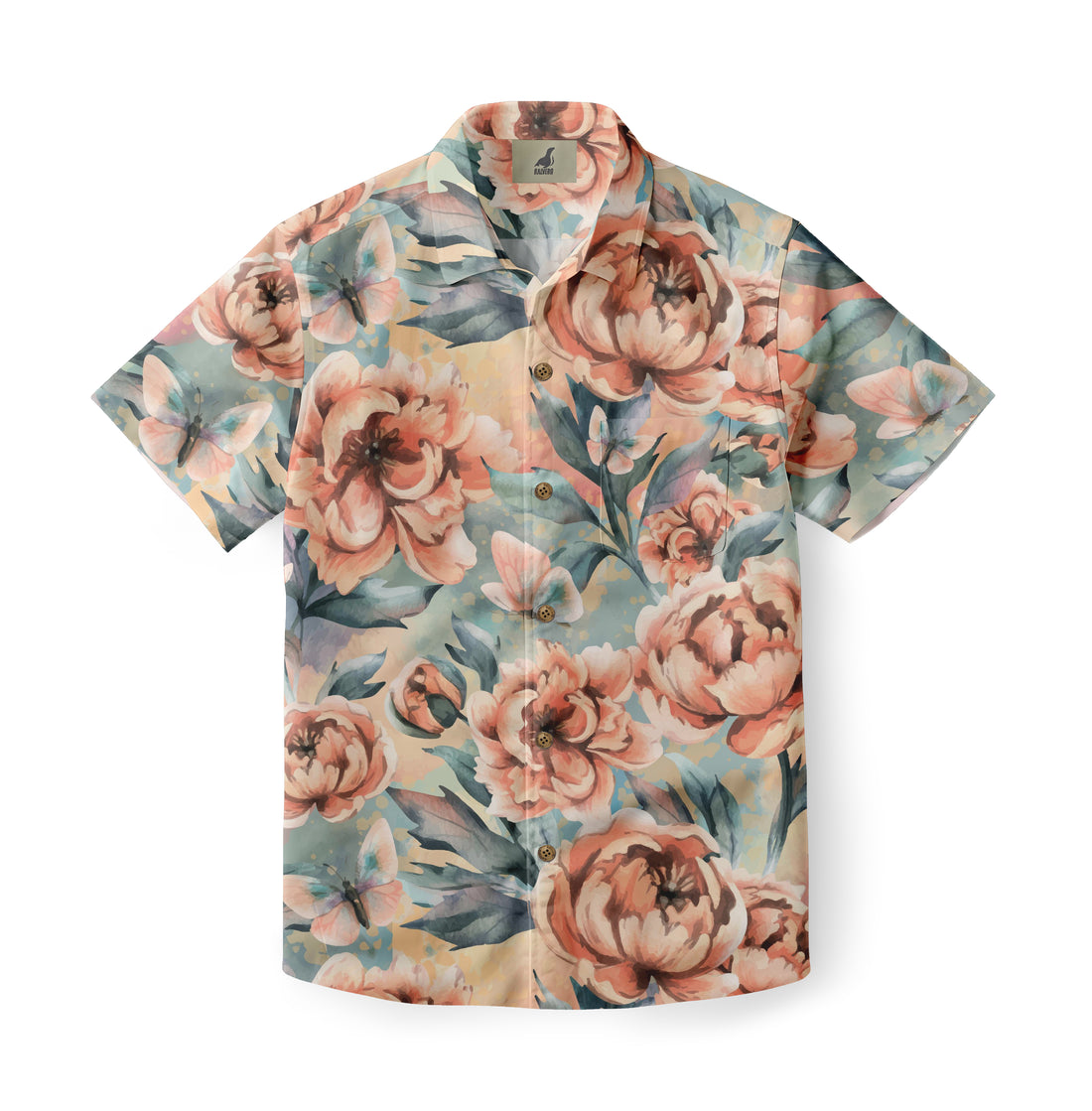 Floral short-sleeve shirt with large pink flowers and green leaves.