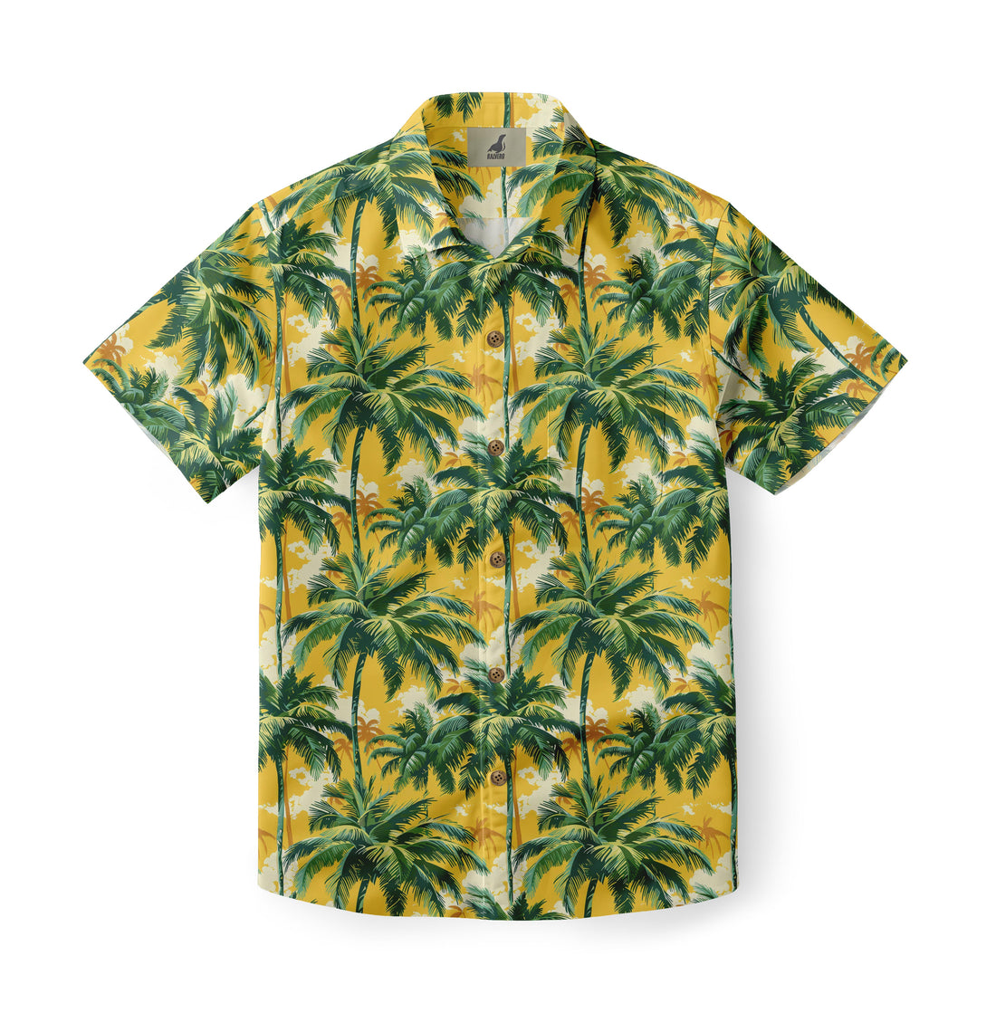 Yellow shirt with green palm tree print.