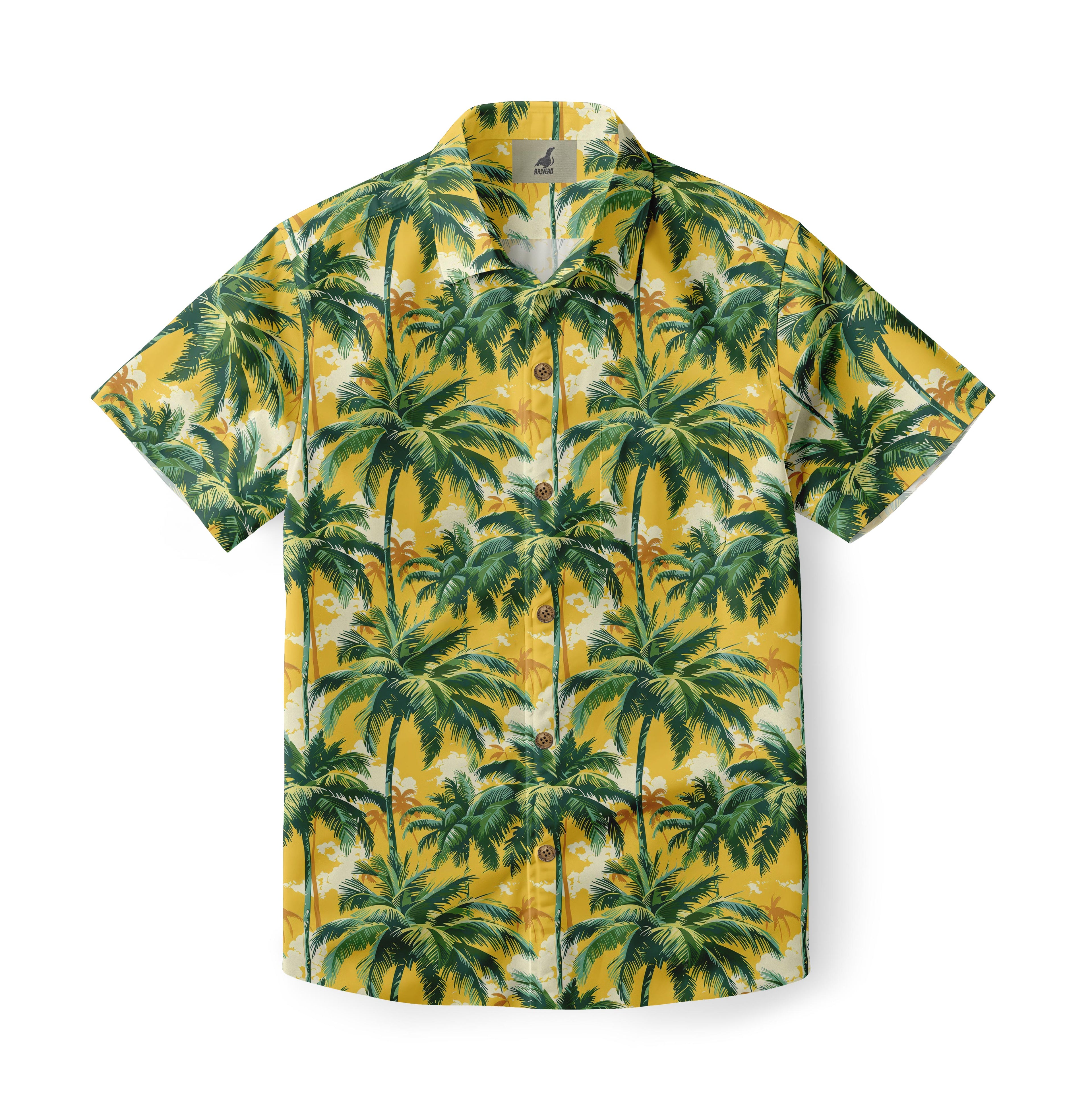 Yellow shirt with green palm tree print.