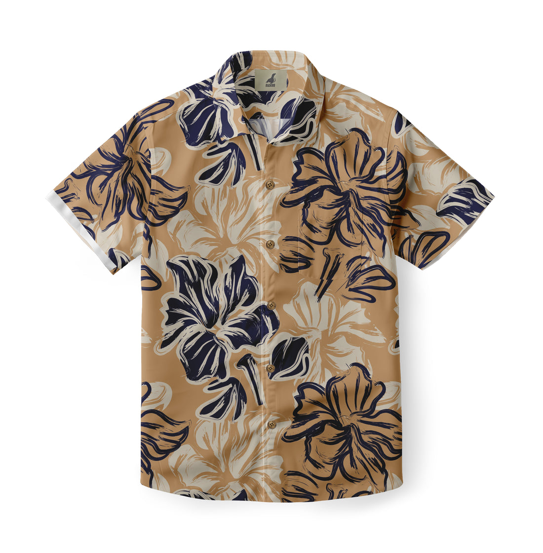 Tan shirt with navy and white floral pattern.