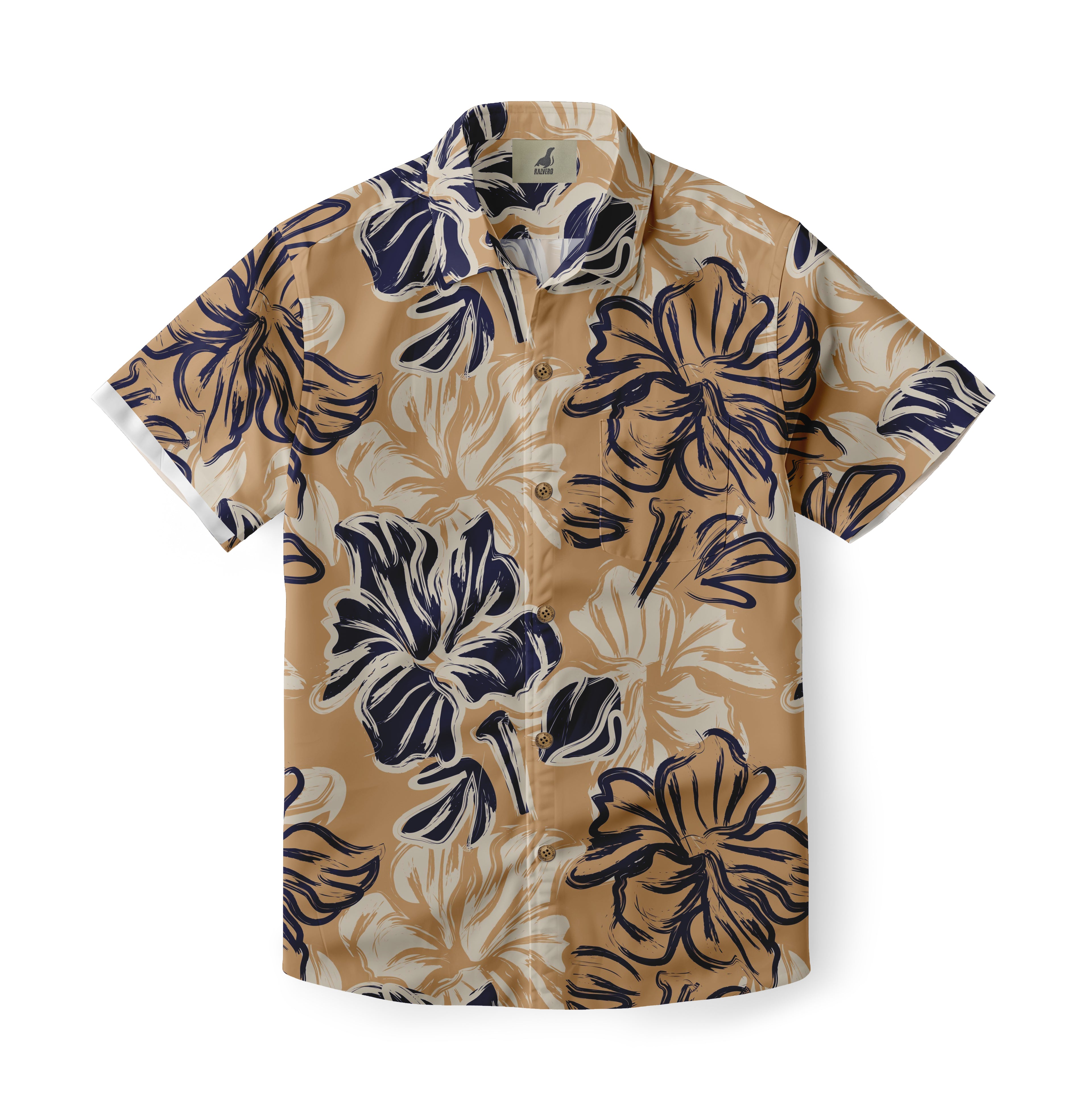 Tan shirt with navy and white floral pattern.