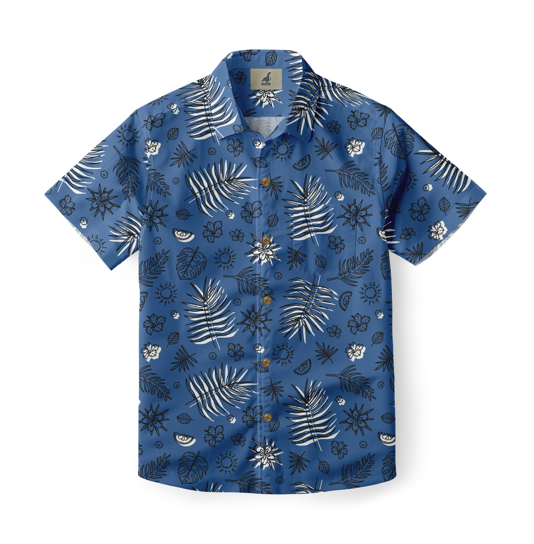 Blue shirt with white and black tropical leaf patterns.