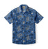 Blue shirt with white and black tropical leaf patterns.