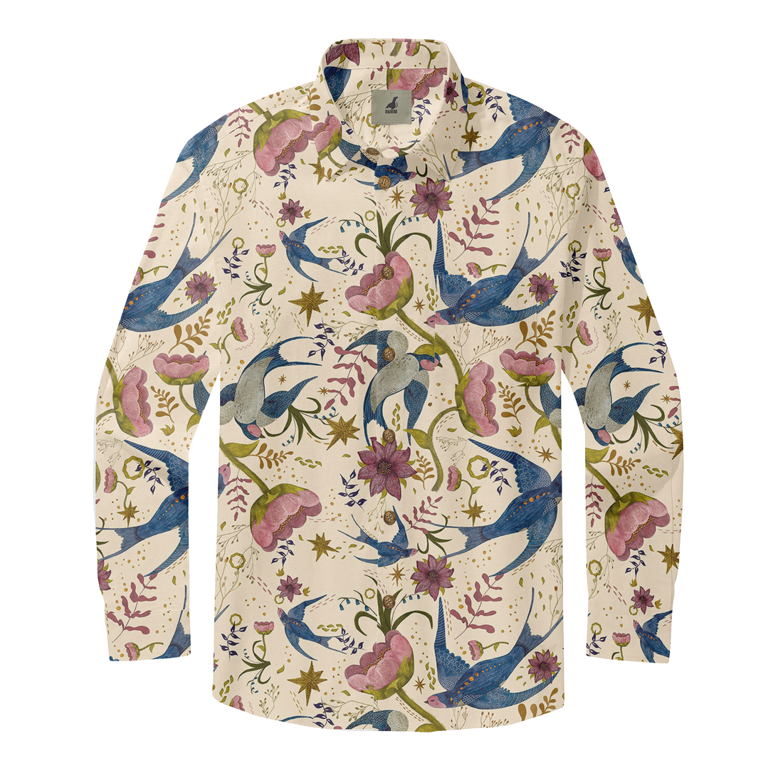 Cream shirt with blue birds, pink flowers, and gold stars.