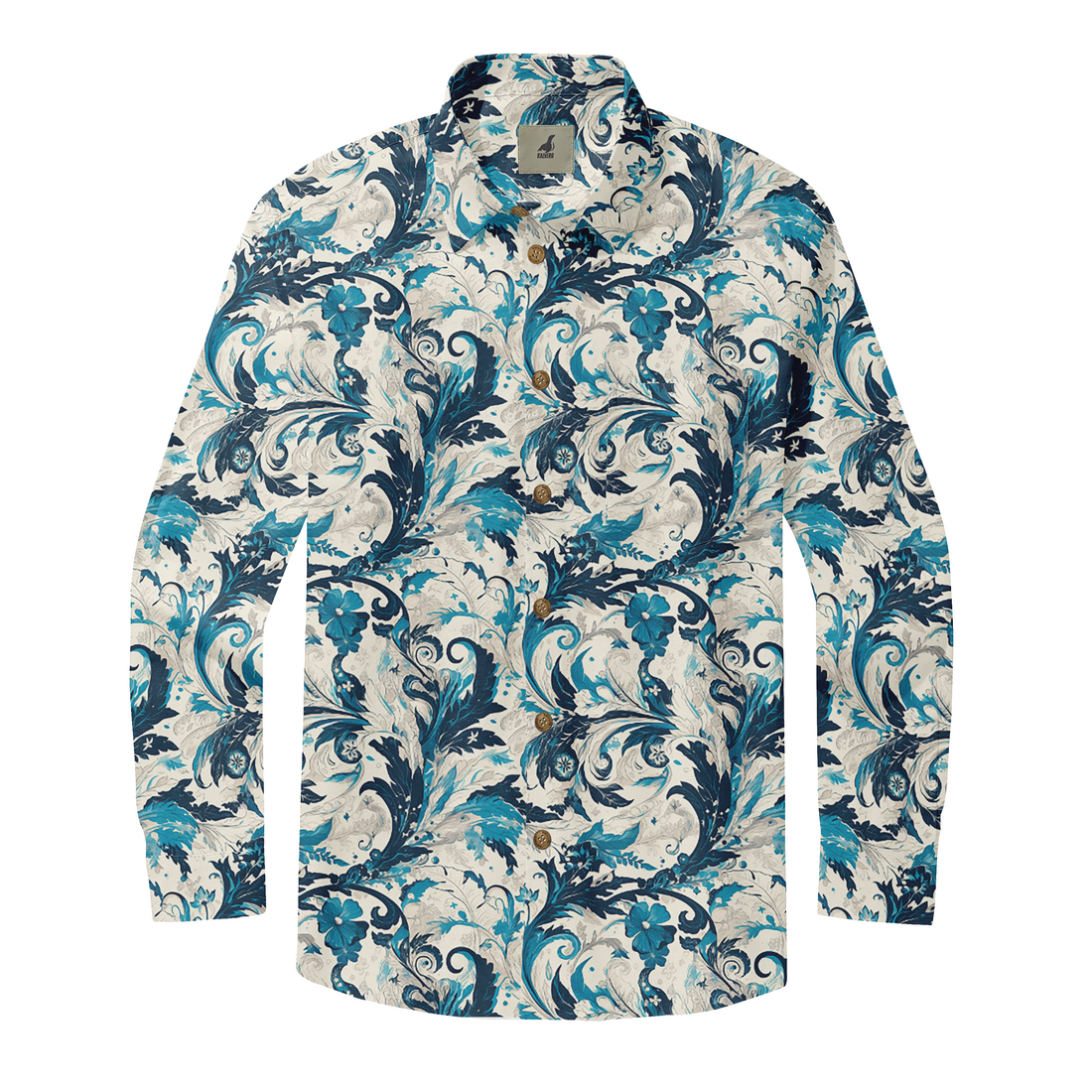 Long-sleeve shirt with blue and white floral pattern, featuring gold.