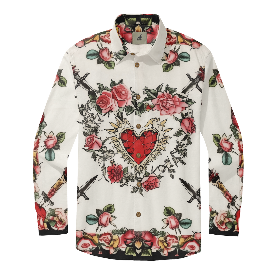 White shirt with floral and dagger print, featuring a central red.
