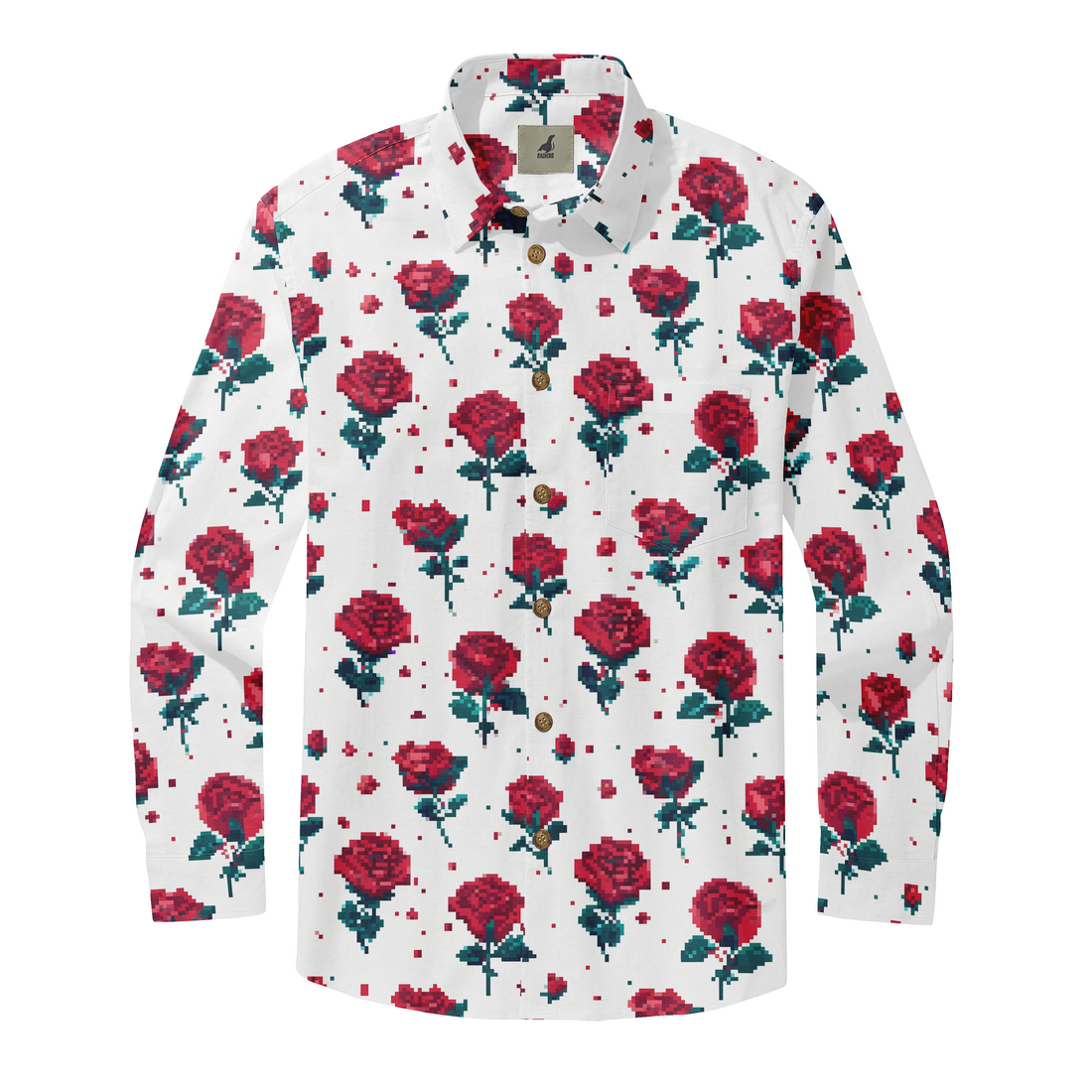 White long-sleeve shirt with red pixelated rose pattern and gold.