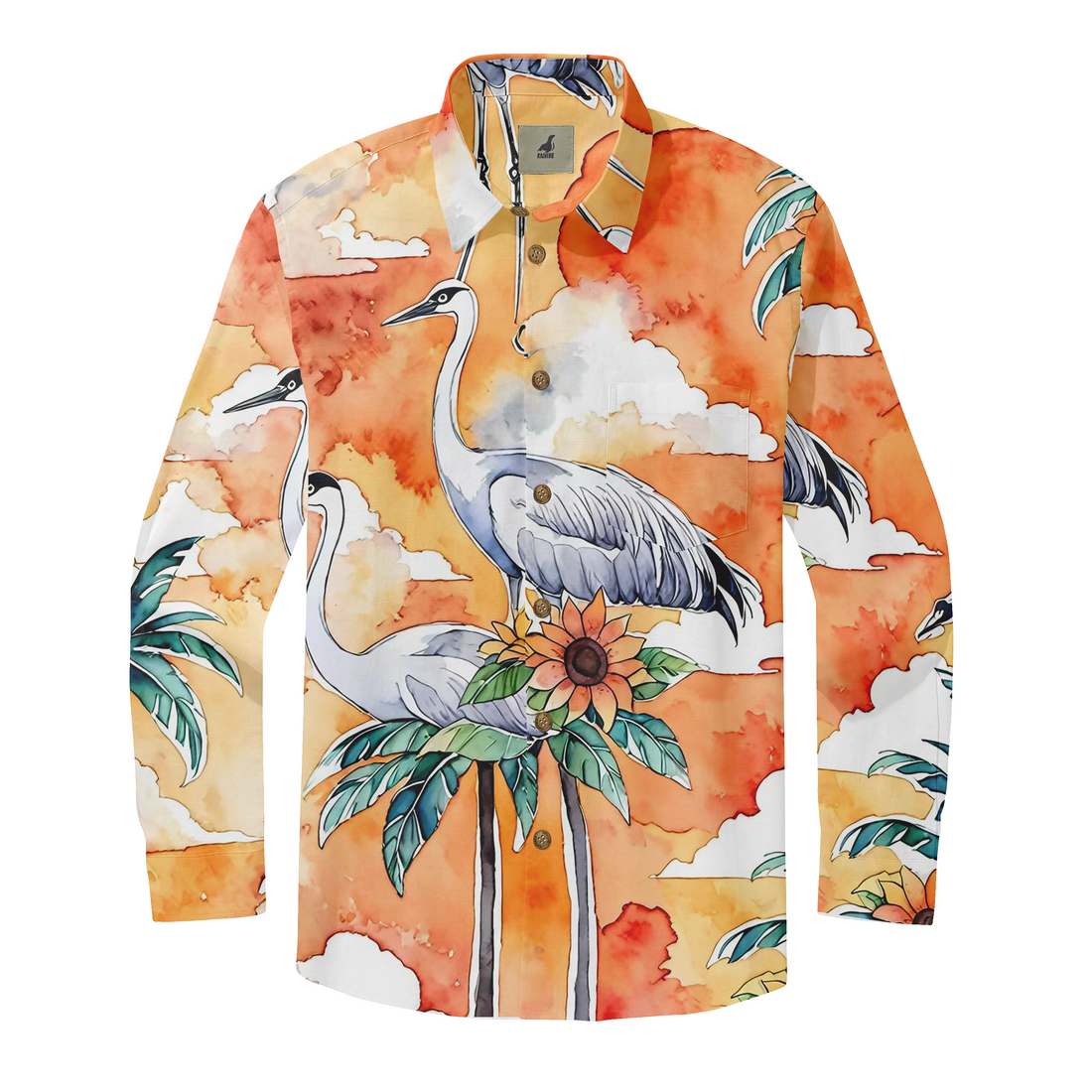 Vibrant long-sleeve shirt with crane and floral print on an orange.