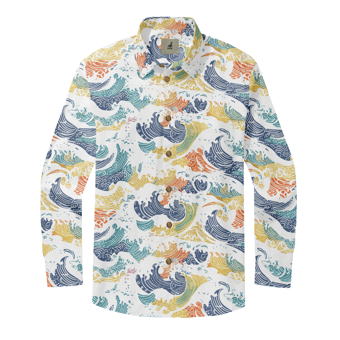 White long-sleeve shirt with colorful wave pattern, featuring blue.